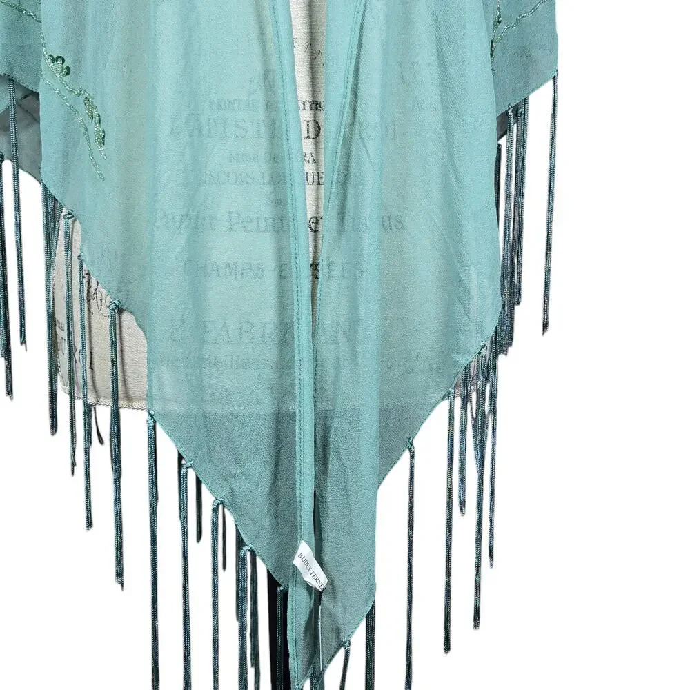 Bijoux Terner Shawl Wrap NEW Green Beaded Sequins‎ Tassel Sheer Triangle